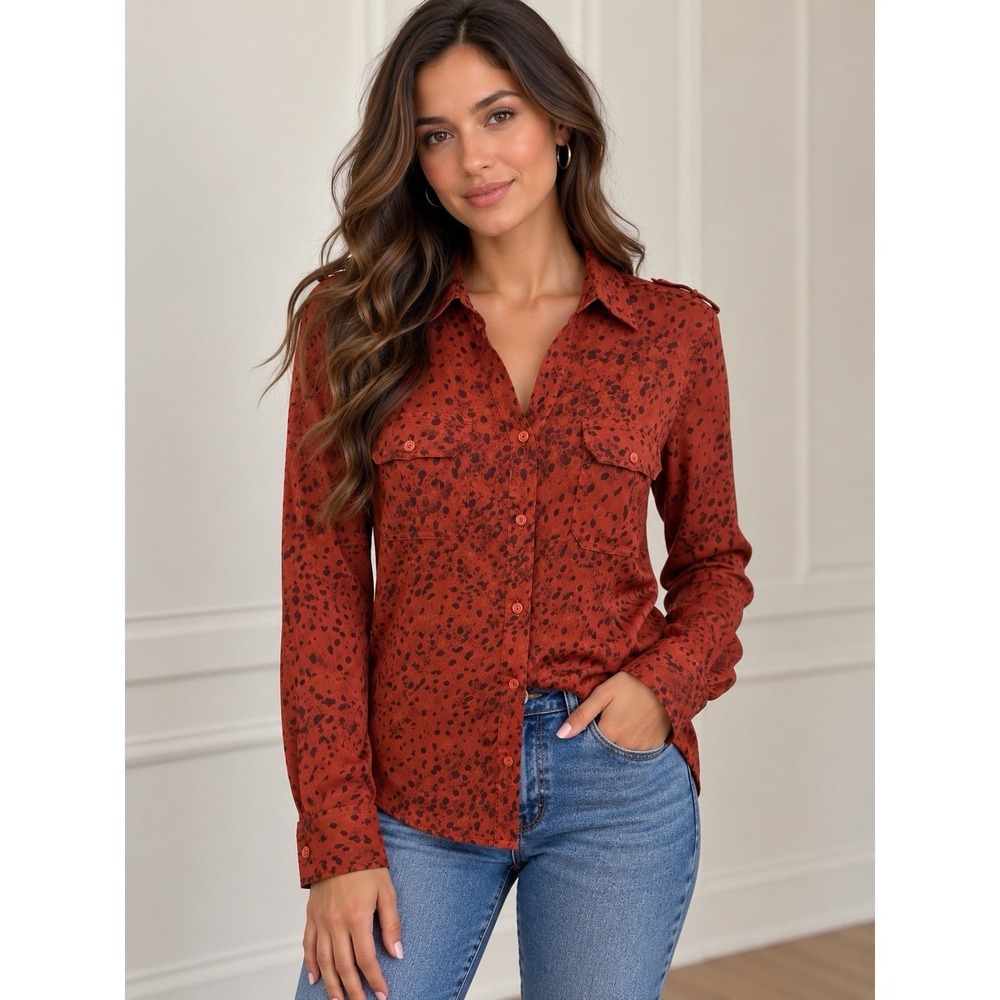 Calvin Klein Women's orange animal-print button-down blouse size S